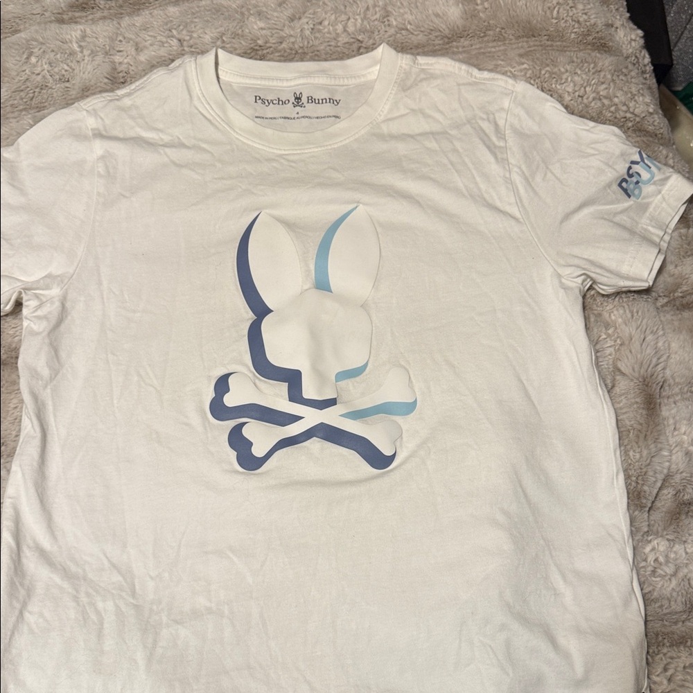 Psycho Bunny Cream Tee with Blue Graphic